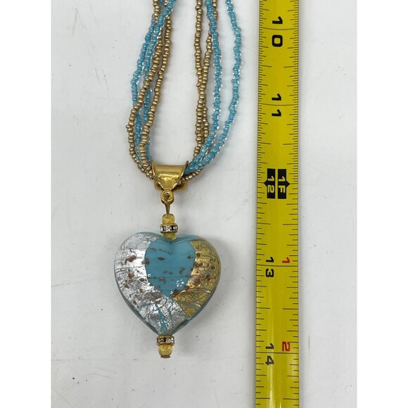 Venetian Glass Heart Pendant Necklace Gold Blue Clear Beaded 24”  Lobster Clasp - Picture 7 of 7